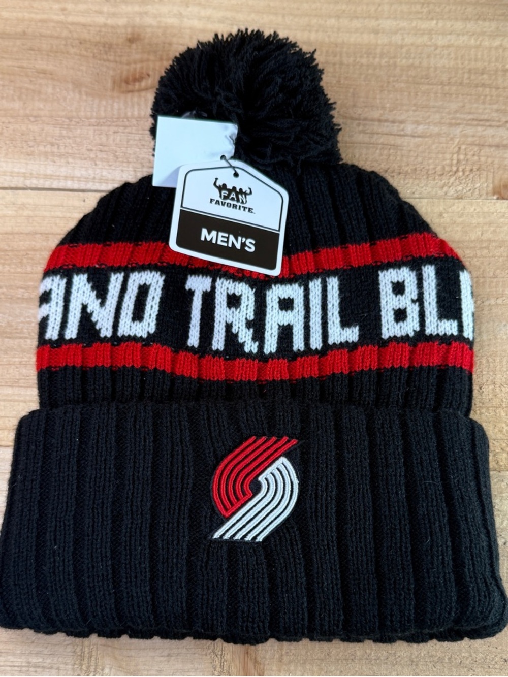 Men’s Black & Red Pom Beanie with Portland Trail Blazers Logo